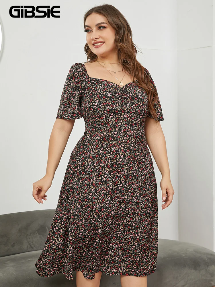 Vestido Midi informal de verano con escote Corazón y manga abombada, minivestido con estampado de florecitas, cintura alta, talla grande 4xl 5xl