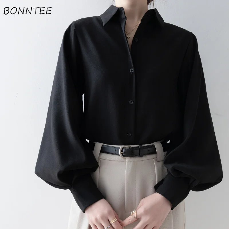 Lantern Sleeve Shirts Women Stylish Turn-down Collar Simple Korean Fashion Classic Popular All-match Casual Ins Spring Female