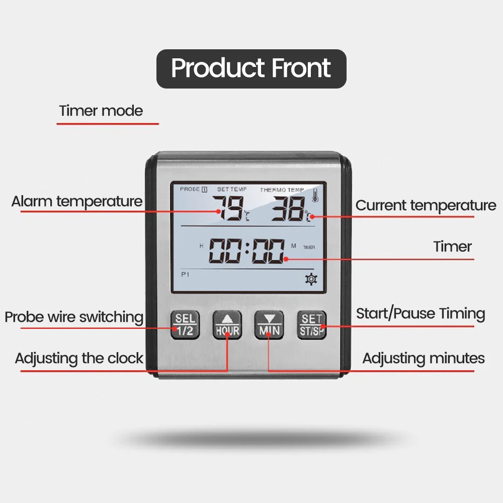 Digital Timing Food Thermometer Temperature Meter with Timer Function Meat Probe Electronic Kitchen Tools For Cooking BBQ Oven