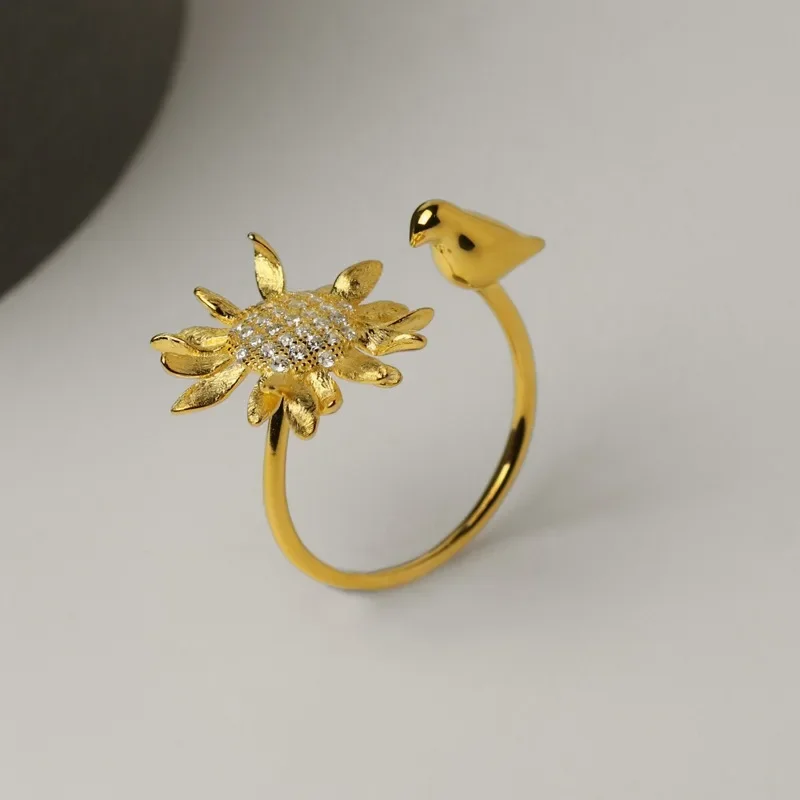 Original Design Good Mood Sterling Silver Niche Design Light Luxury Flower Bird Fun Open End Ring