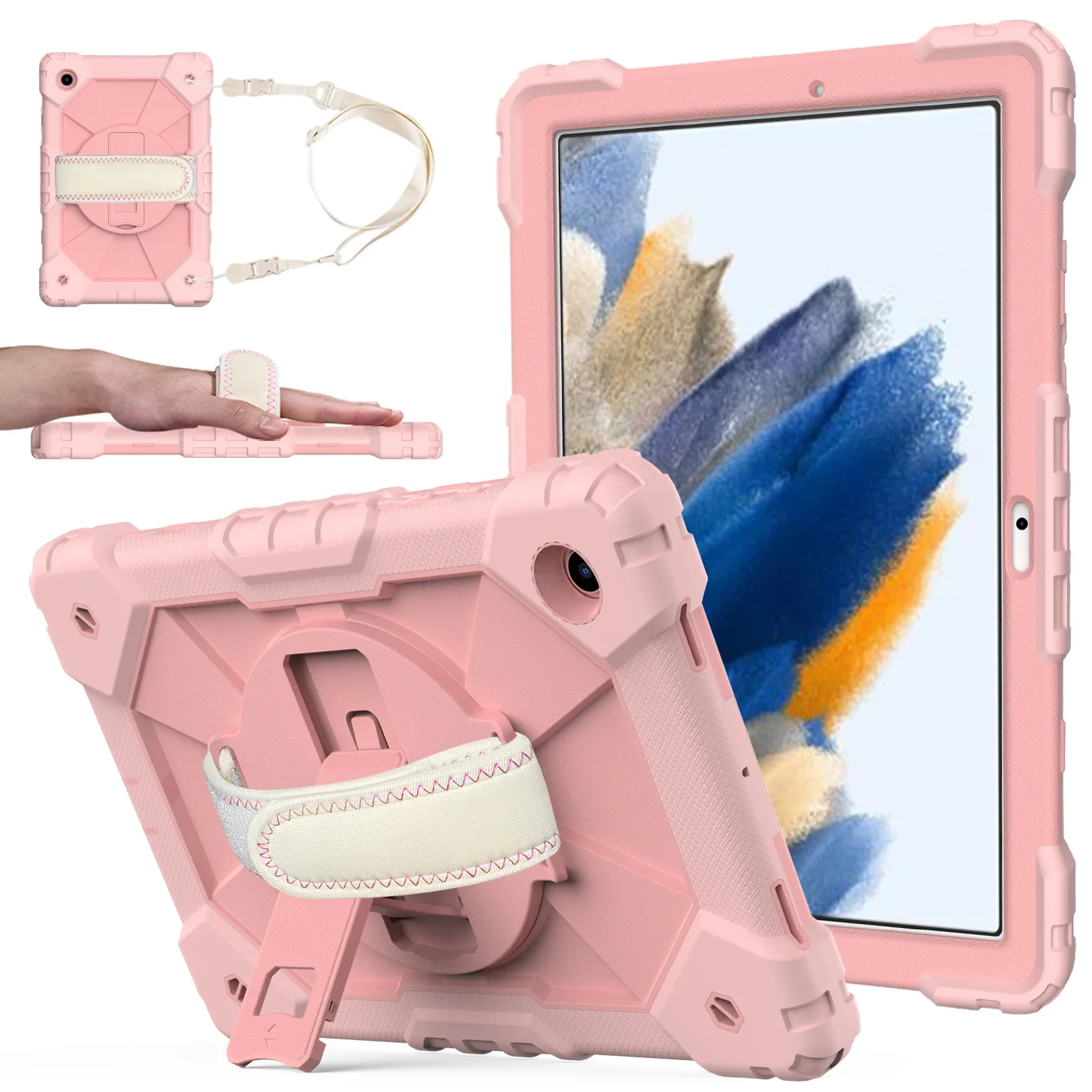 Tablet Cover for Samsung Tab A8 10.5 X200/X205, Kids Tab Case with Rotating Hand Strap & Stand & Shoulder Strap Shockproof Cover