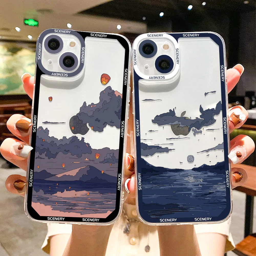 Anime Landschap Zonsondergang Telefoonhoesje Voor Iphone 14 13 12 11 15 Pro Max Xs X Xr Se 2020 7 8 Plus Doorzichtige Landschap Cover Iphone11 Capa