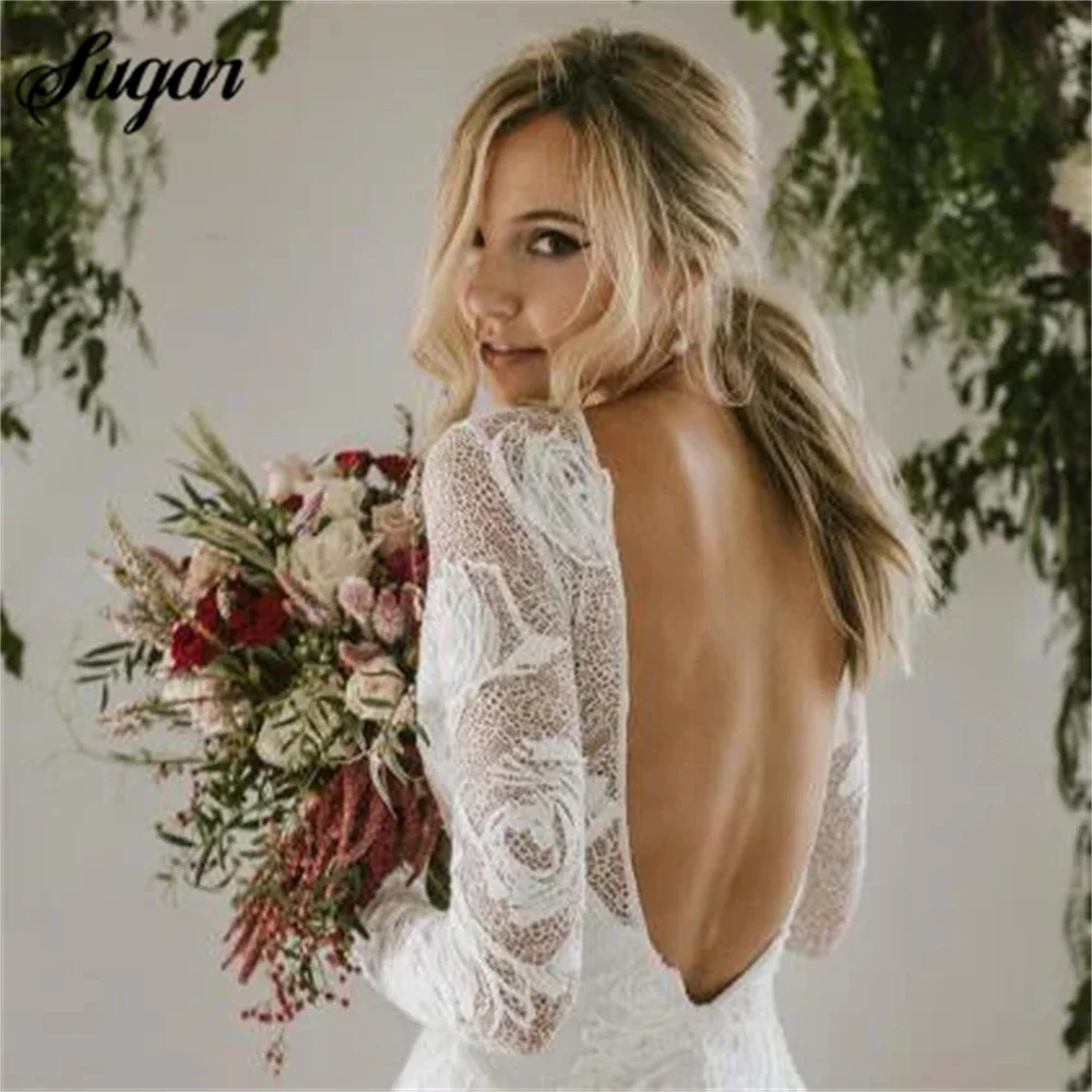 Mermaid Sexy Wedding Gown Scoop Neck Long Sleeves Ivory Wedding Dress Rustic Lace Bridal Gown Backless vestidos de novia