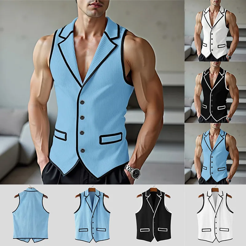 

2025 Spring Autumn New Men Light Blue Corduroy Contrast Color Piping Turn Down Collar Sleeveless Waistcoat Performance Suit Vest