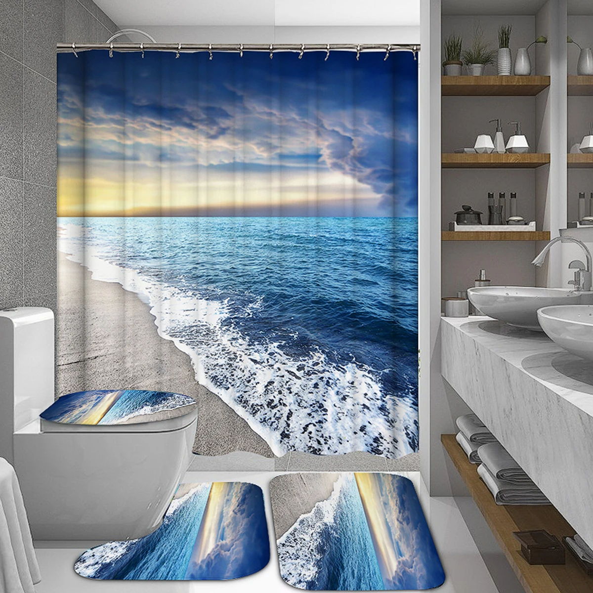 Coastal Beach Scenery 3D Printing Waterproof Shower Curtain Set Pedestal Rug Lid Toilet Cover Mat Bathroom Set with 12 Hooks