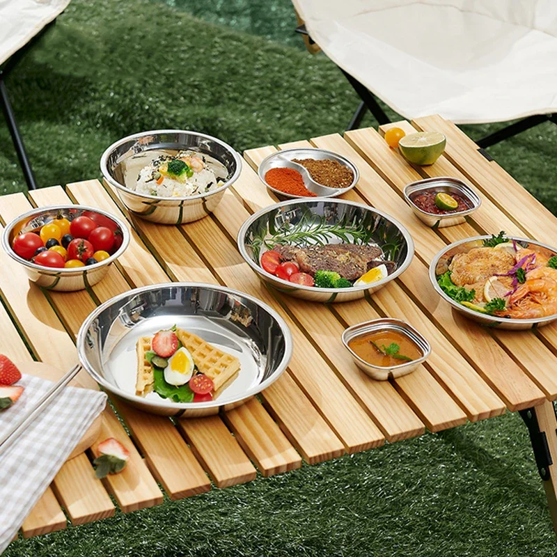 36pcs/set Stainless Steel Camping Plates and Bowls Set Portable Outdoor Dining Tableware with Storage Bag