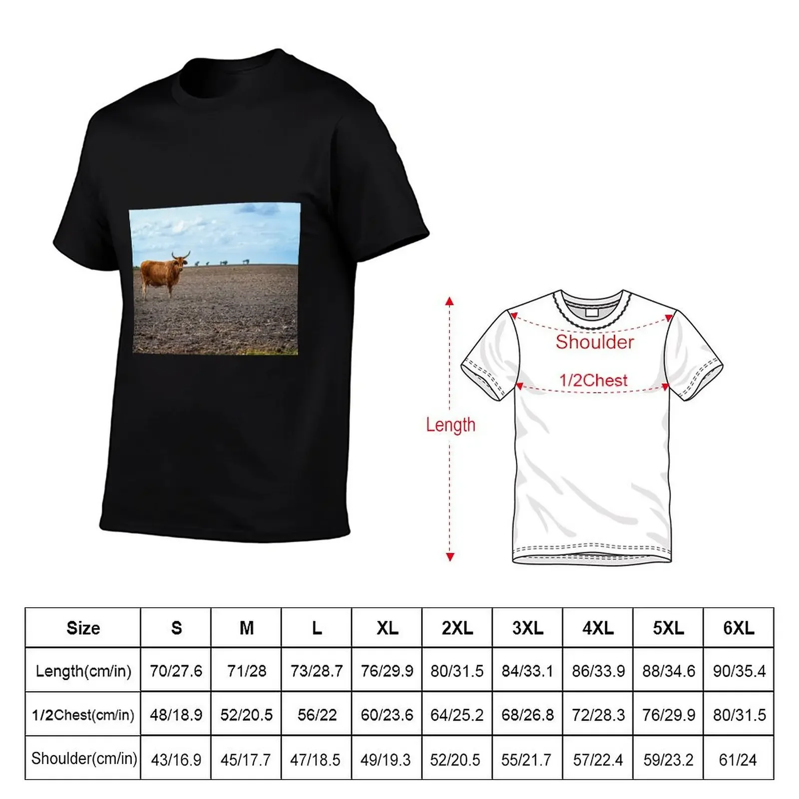 Cow with horns standing in empty pasture T-Shirt boys whites anime tshirt custom t shirt mens cotton t shirts