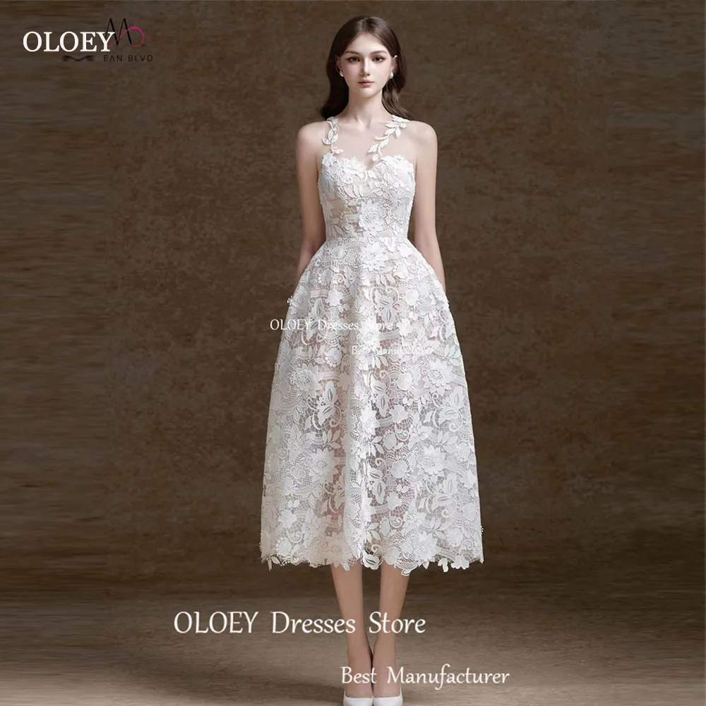 

OLOEY Simple White Lace Pleated Sweetheart Ankle Length Wedding Dress Zipper Back Spaghetti Strap Sleeveless Formal Bride Gowns