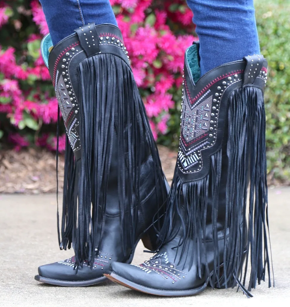 V Collar Rivet-Embellishment Embroidery Leather Fringing Knee High Cowgirl Boots Tassels Flower Curved Toe Block Heels Shoes