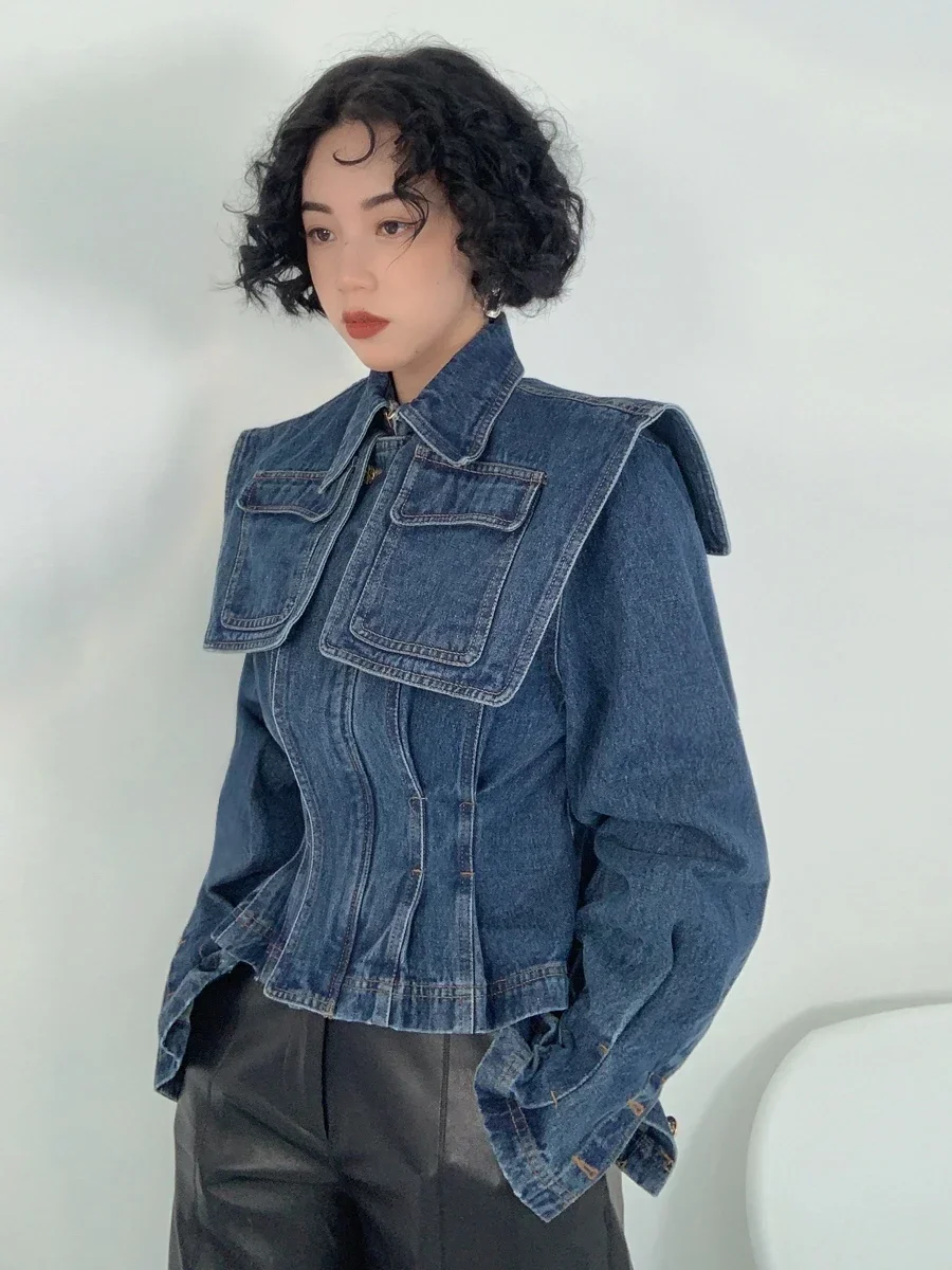 Korean Blue Large Lapel Shawl Pocket Denim Coats Women Casual Retro Slim Jeans Jackets Outwear Chaqueta Mujer Jaqueta Streetwear