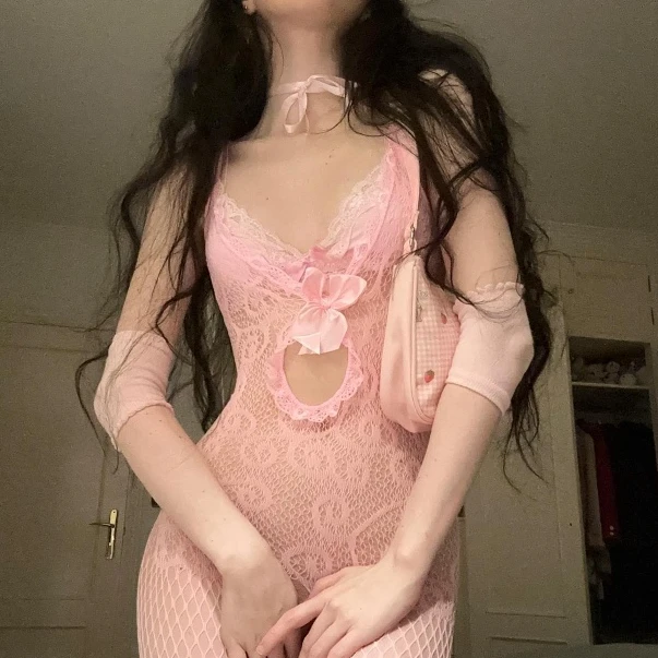 Pink Girl Bodysuit Lingerie erotis wanita Fishnet bodystocking manis Lolita kostum pacar pertama pakaian seksi pakaian tidur Sister