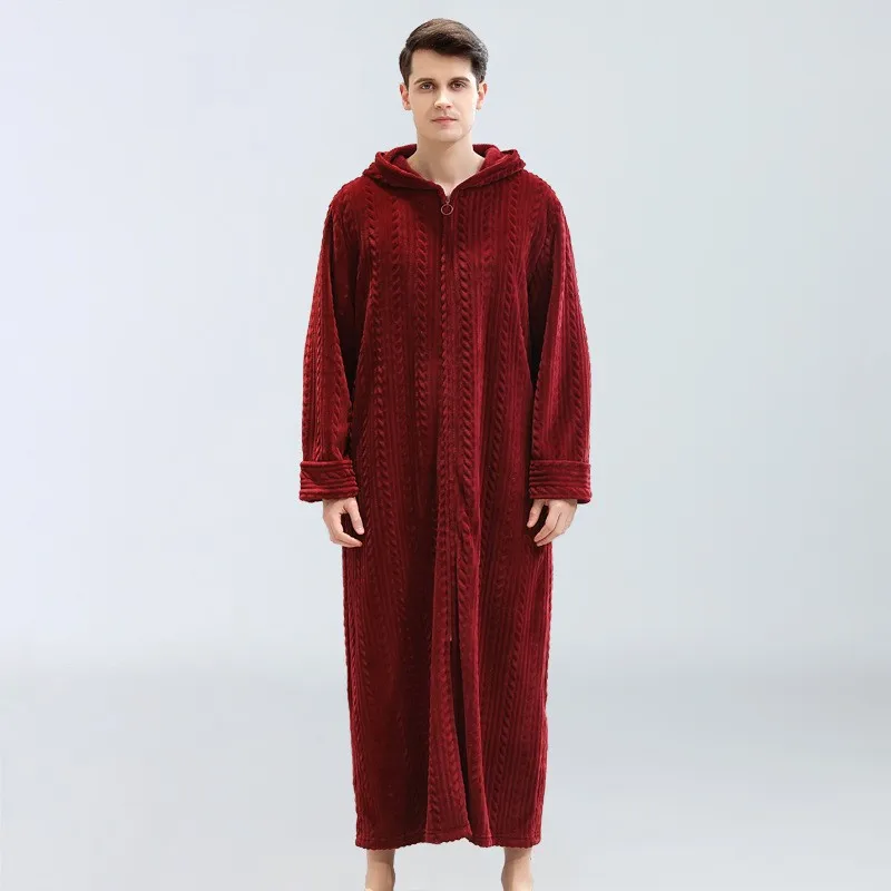 Popular Men\'s Plus Fat and Oversized Home Clothes Winter Flannel Pajamas Zipper Bathrobe Warm Pajamas Solid Color Long Pajamas