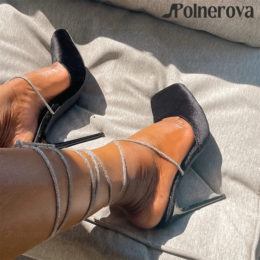 

Black Satin Rhinestone Strappy Heels Elegant Luxury Banquet Stilettos Square Toe Stiletto Designer Handmade High Heels for Women