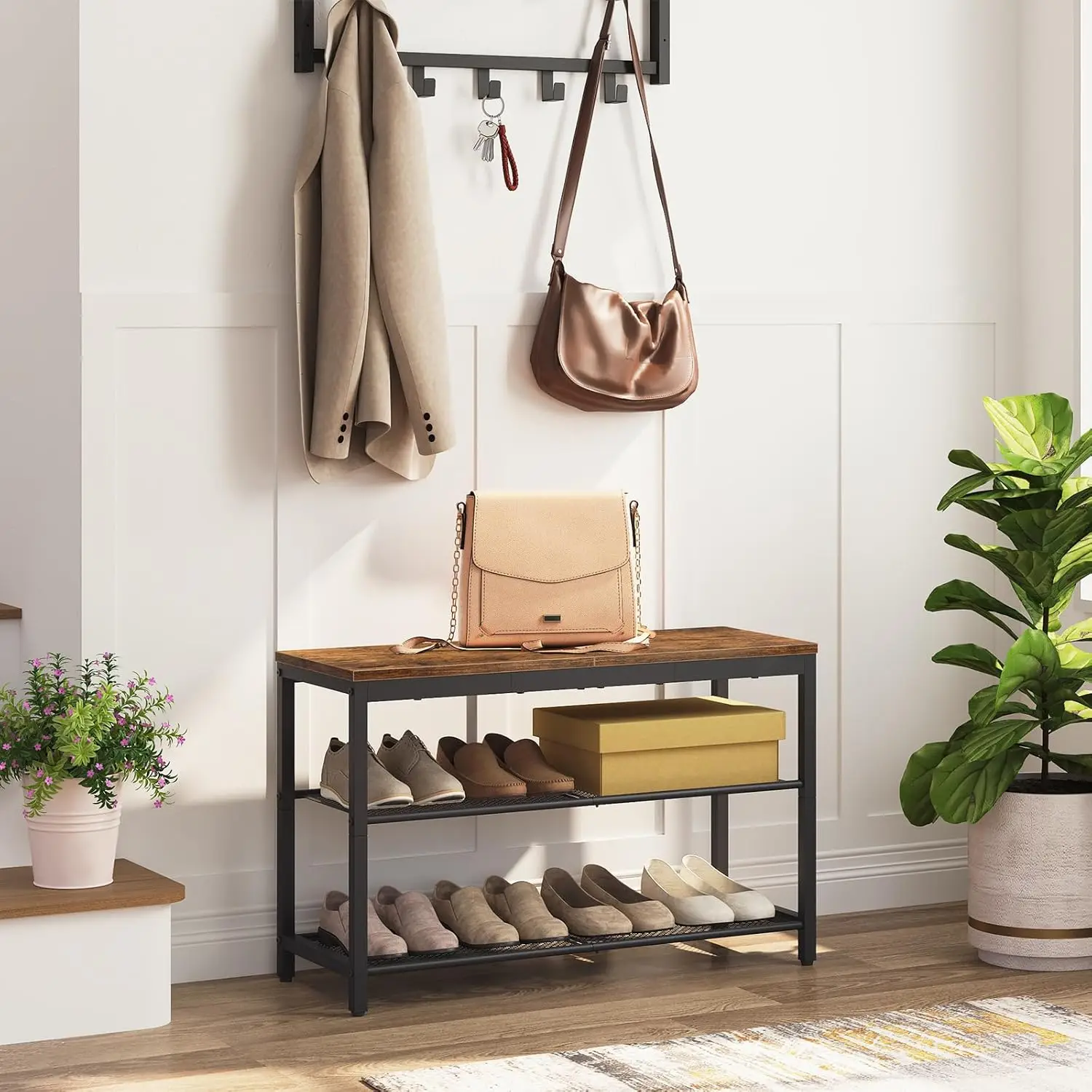 3-Tier Shoe Rack Bench with Mesh Shelves, Rustic Brown Entryway Storage, Easy Assembly for Living Room