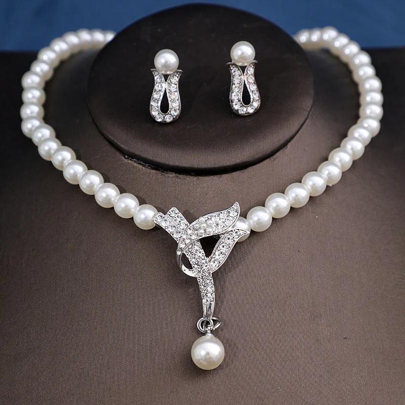 Rhinestone Fashion Women Bridal Elegant Wedding 3pcs/set Party Pearl Angle Necklace Earrings Jewelry Set Banquet Gift