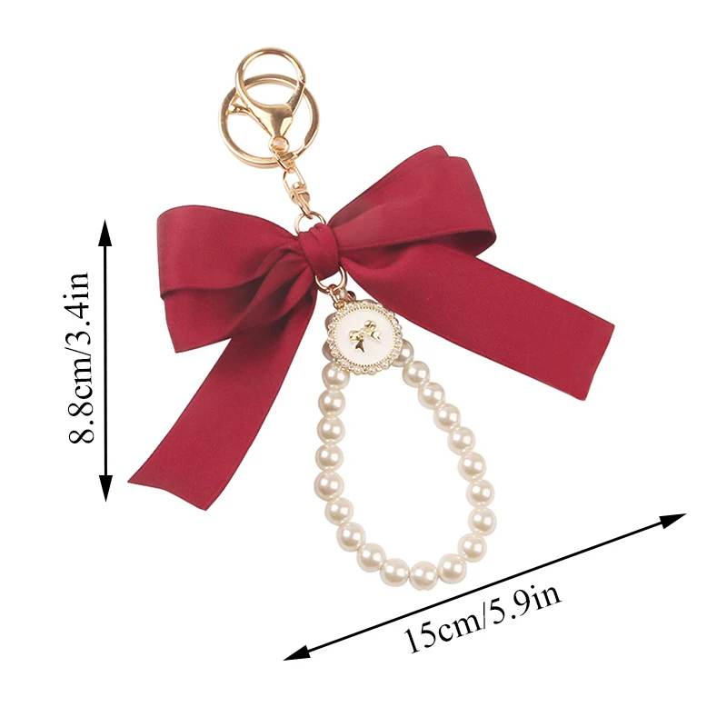 ?Fashion Big Bow Tie Key Chain Imitation Pearl Keyholder Metal Buckle Women Bag Charms Sweet Keychain Headphone Case Accessories