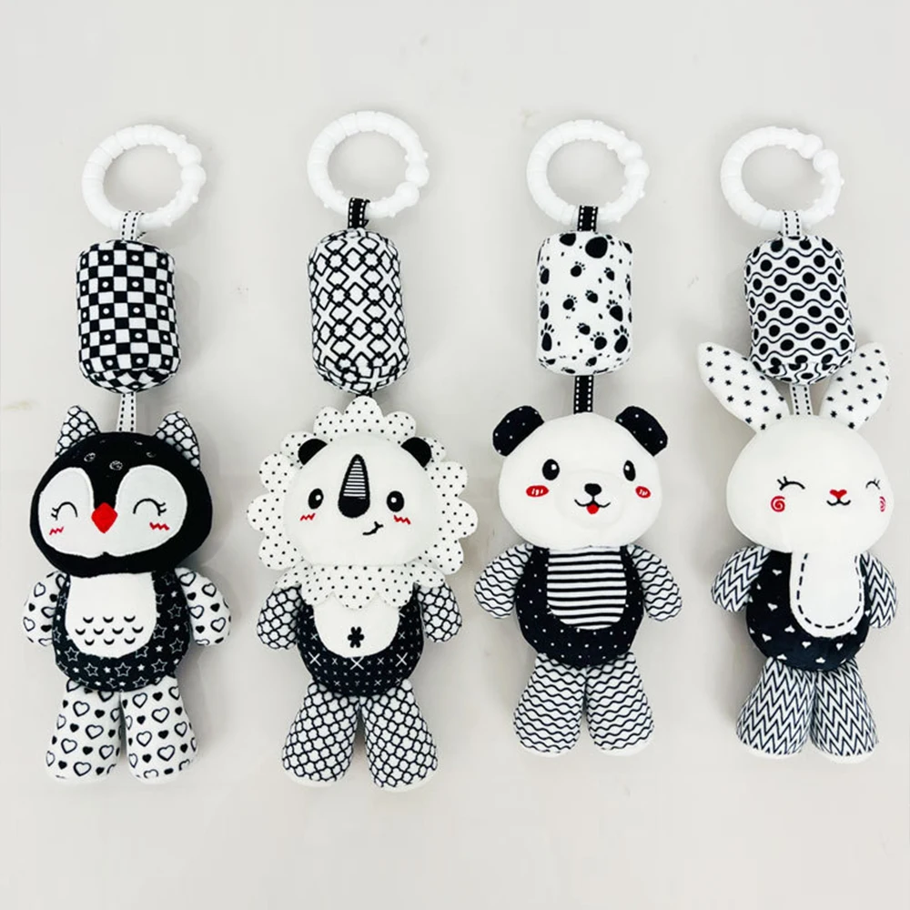 Hochets pour bébé, poussette, lit, berceau, cloche suspendue, poupée en peluche pour nouveau-né, noir et blanc, capacité visuelle, jouet d'entraînement, cadeau pour bébé