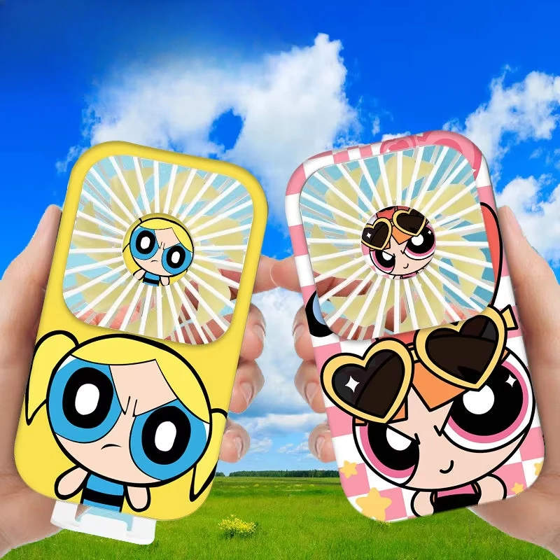 New The Powerpuff Girls Blossom Buttercup Bubbles Anime Peripheral Creative Summer Portable Handheld High Wind Silent Small Fan