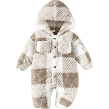 Baby Boys and Girls Plaid Romper Hooded Long Sleeved Plush Jumpsuit Winter Warm Bodysuit…