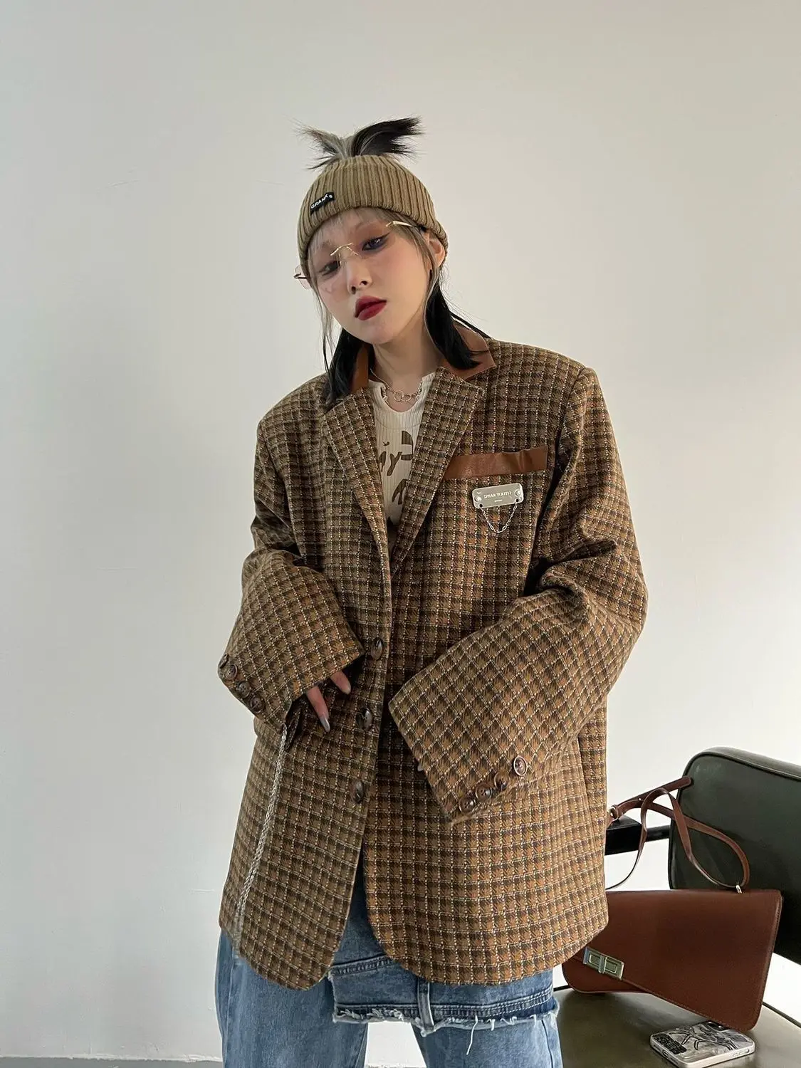 Autumn Elegant Vintage Blazer Women High Street Chic Plaid Design Outerwear Female Streetwear British Fashion Trend Winter Coat