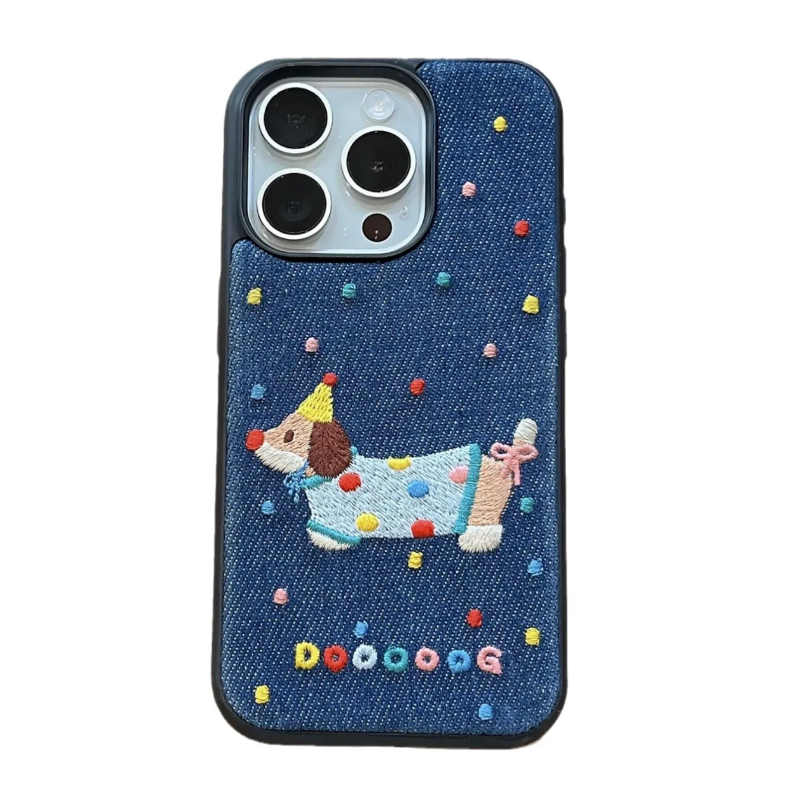 Embroidered Dachshund Dog Denim Phone Case For iPhone 16 15 14 13 12 Pro Max Full Cover