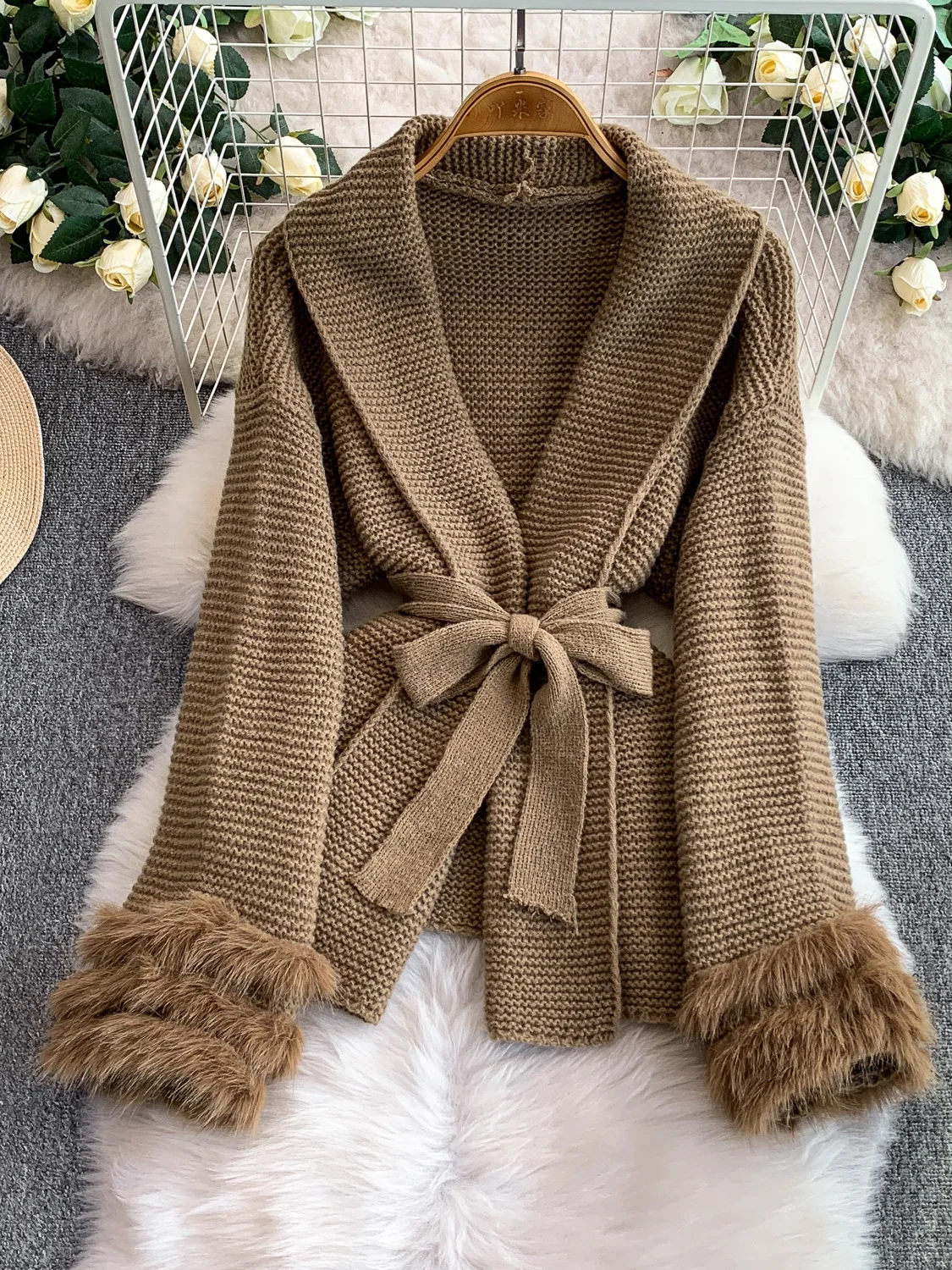 

Ele Knitted Heavy Wool Sve oulder awl Cardigan Women's Winter Waist-Cinching Medium-Length Knitted Sweater