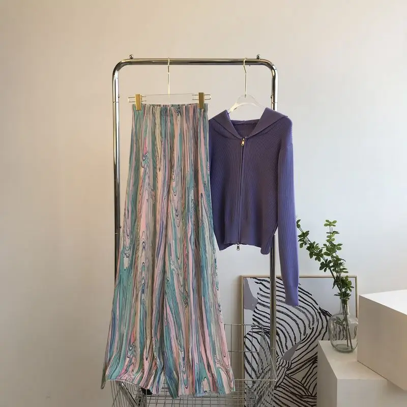 Textured Pleated Wide Leg Pants Women Summer Thin Straight Drapey Casual High Waist Gradient Dyed Floor-Length Cool Pants