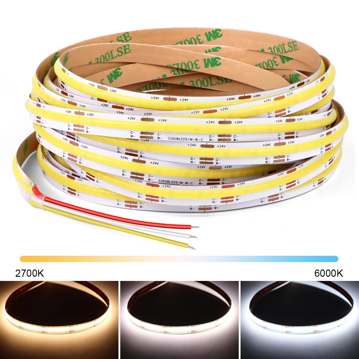 DC12V 24V CCT Light 2700K-6500K Changeable Lamp COB LED Strip 608LEDs/M Linear Dimmable Lamp for DIY Home Room Kitchen Car Decor