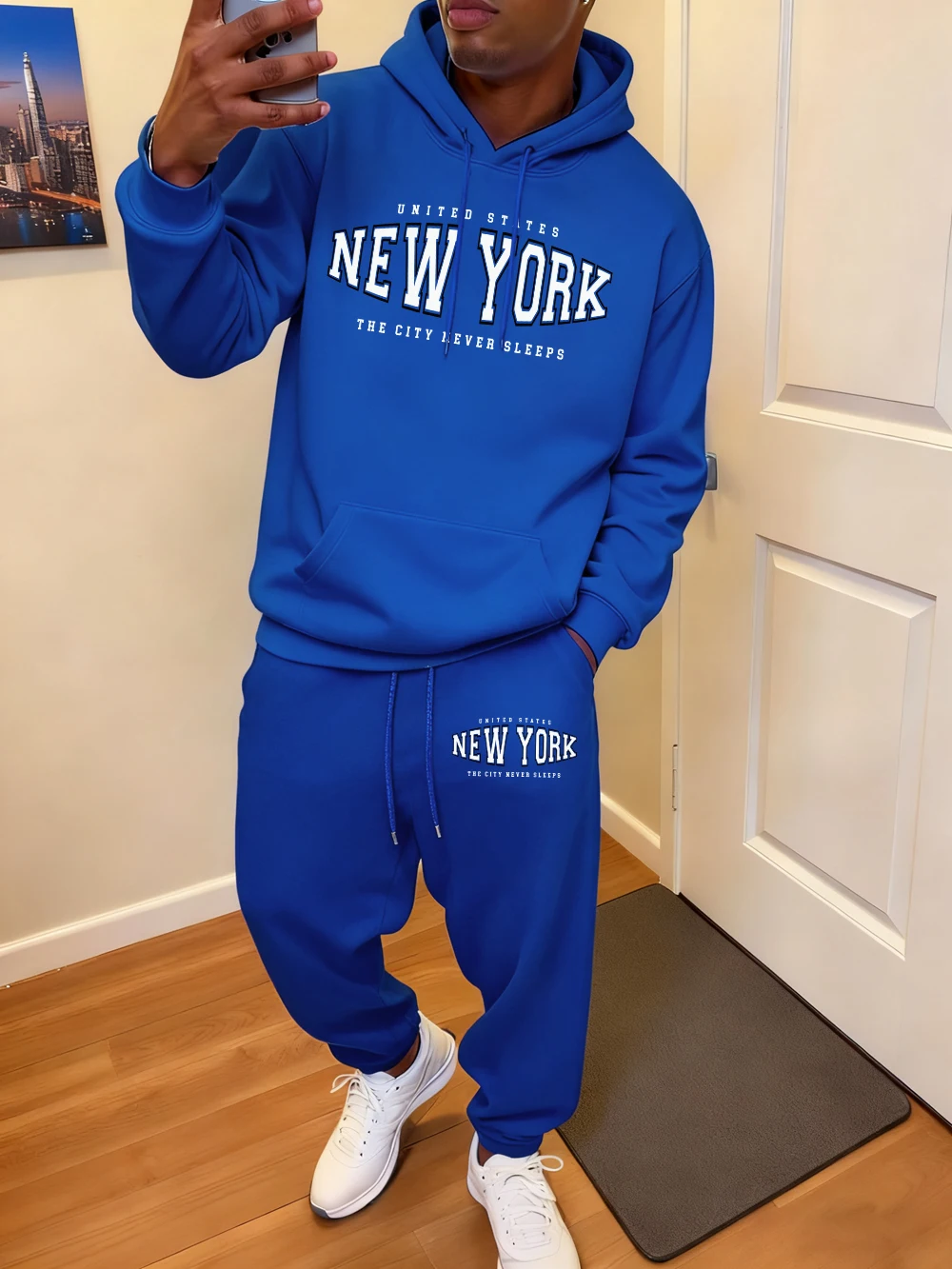 2 قطعة هوديس مجموعة الرجال نيويورك الولايات المتحدة الأمريكية الفن إلكتروني الطباعة Sweatpants الخريف الصوف جيب السراويل بلوزات ملابس فضفاضة غير رسمية