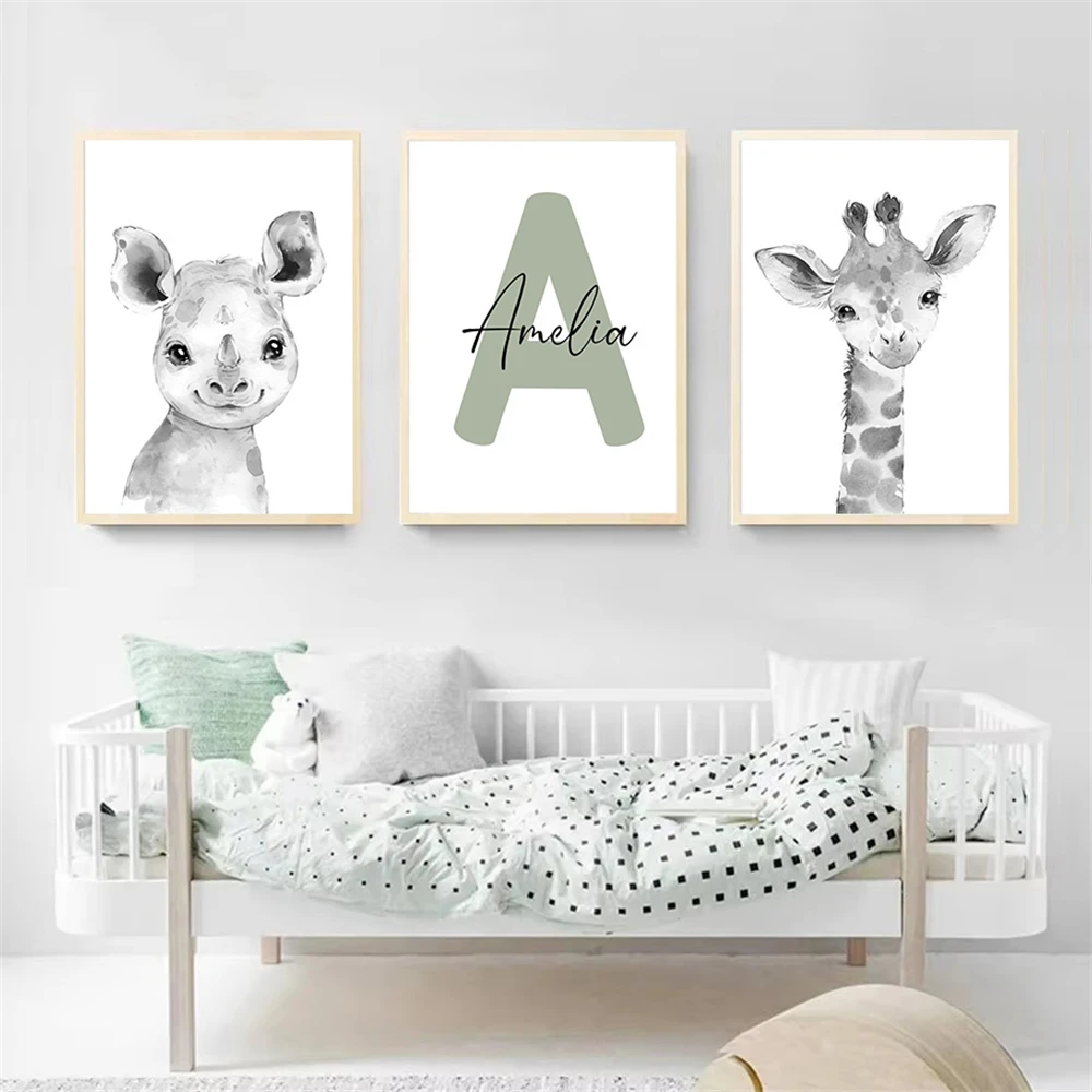 Jungle Animal Nursery Wall Art Print Personalized Name Poster Lion Elephant Canvas Painting Nordic Wall Pictures Baby Room Decor