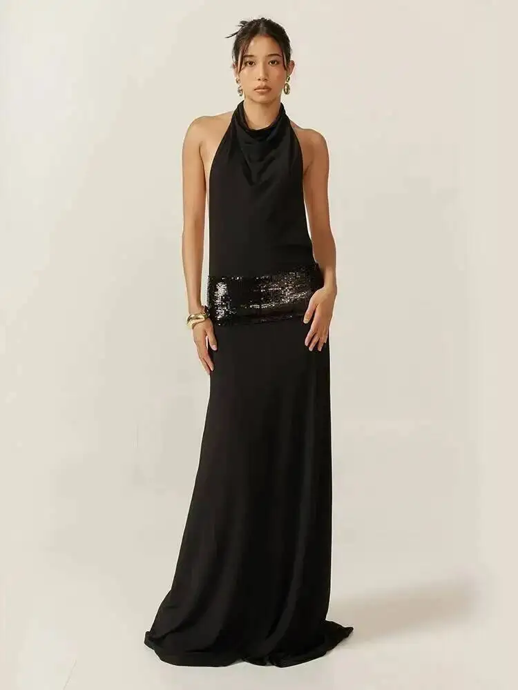 

Модные женские платья с открытой спиной, элегантное лоскутное платье с лямкой на шее, драпированное макси-облегающее женское однотонное простое вечернее платье, новое