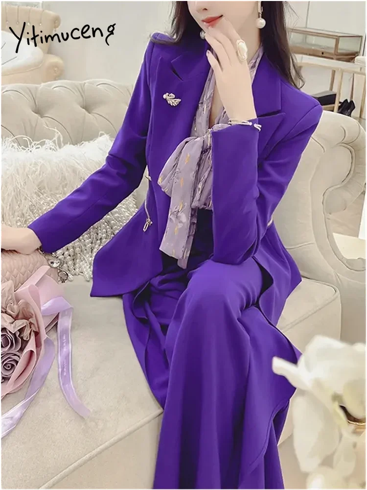 Yitimuceng Purple Women Suits Office Sets 2023 New Fashion Long Sleeve Double Breasted Blazers Casual High Waist Chic Pant Suits