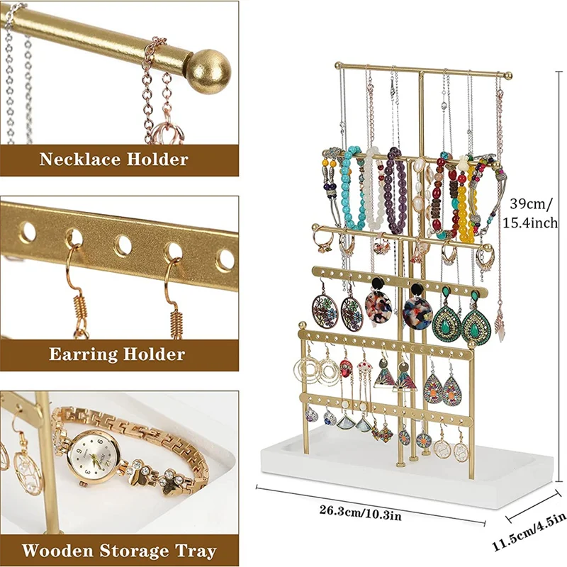 Jewelry Organizer Tabletop Jewelry Holder 6Tier Jewelry Tree Display Stand with Tray,For Earring Necklace Bracelet Gold