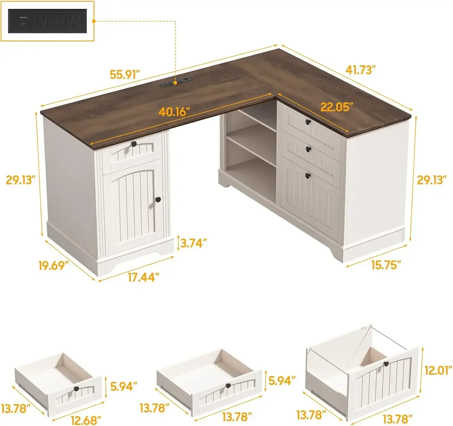 Farmhouse L Shaped Desk with Drawers, 56 Inch Executive Desk with File Drawer and Storage Cabinet, Wooden Corner Computer Desk w