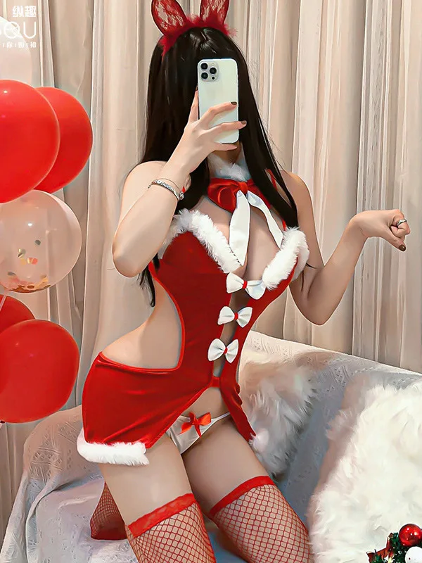 Red Lingerie Christmas Dress Elegant Sexy Cute Bow Knot Hollow Out Cosplay Uniform Fashion Sweet Women Sexy 2023 New PJP8