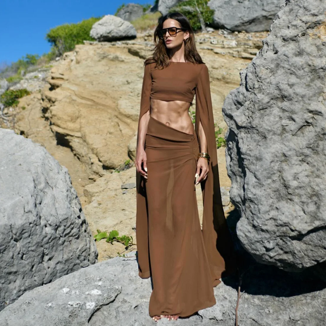 

Women Fashion Vacation Beach 2 Piece Set Ribbon Split Cape Sleeve O Neck Crop Tops + Pleated Maxi Skirts Party Dress Suits