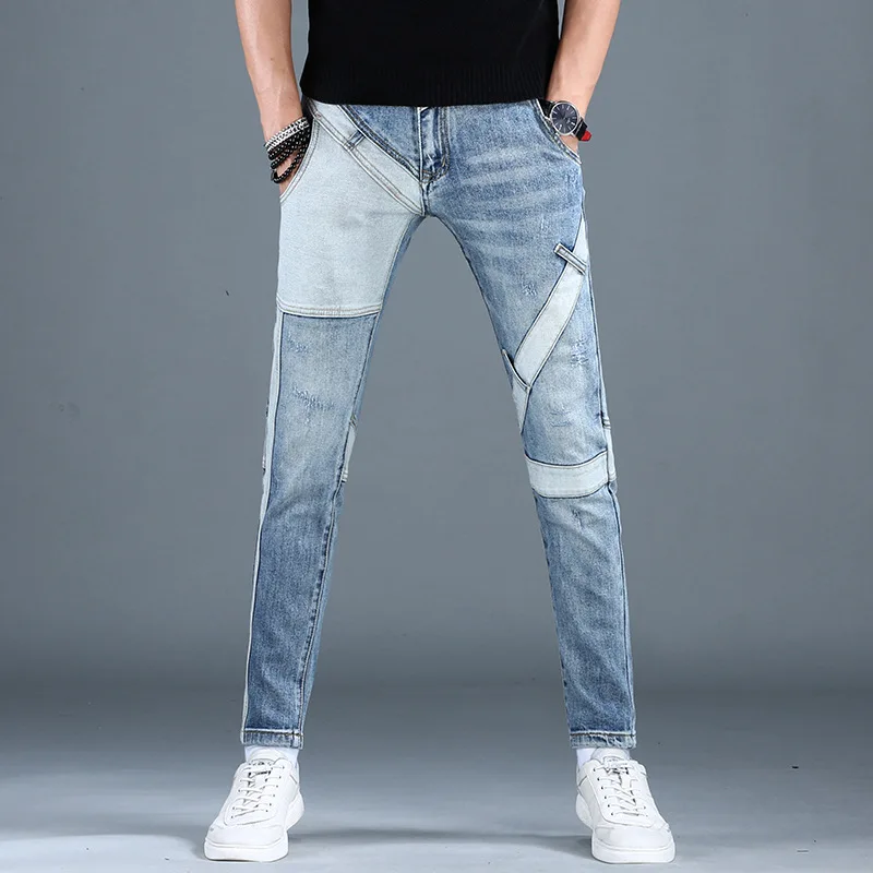 Street Fashion High-End Stitching Jeans Men's Autumn and Winter Slim Fit Skinny Cool Smart Casual Motorcycle Trousers