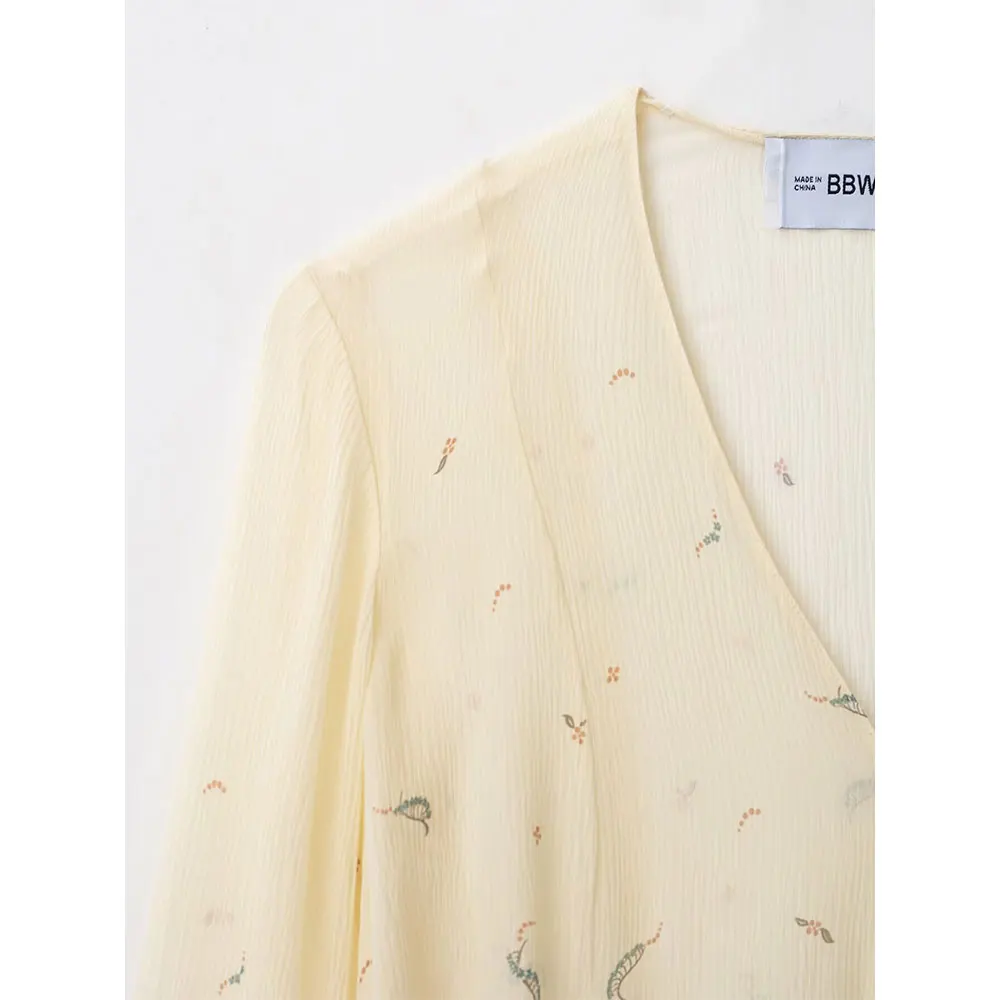 Willshela, camisa transparente ligera de tul de gasa estampada a la moda para mujer, blusa informal elegante de manga larga con cuello en V para mujer