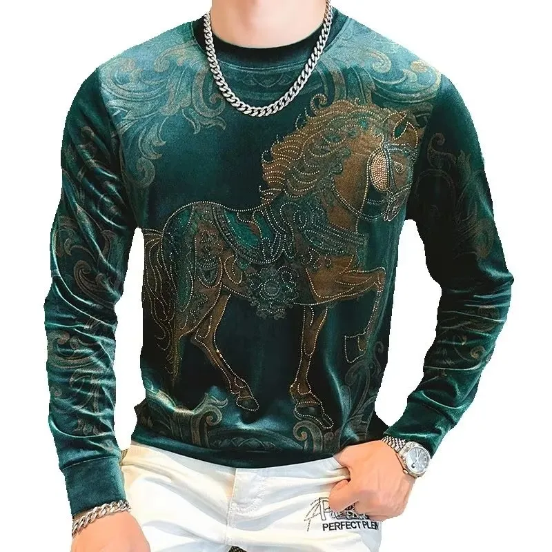 Rhinestone Horse Print T Shirt For Men Long Sleeve Casual Trends Autumn Quality Velvet Soft Comfortable Slim Camisetas De Hombre