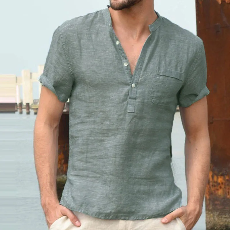 2026 New Summer Short Sleeve T Shirt Men Fashion V Neck Button Casual T-shirt Solid Color Breathable men\'s tshirt  MY068