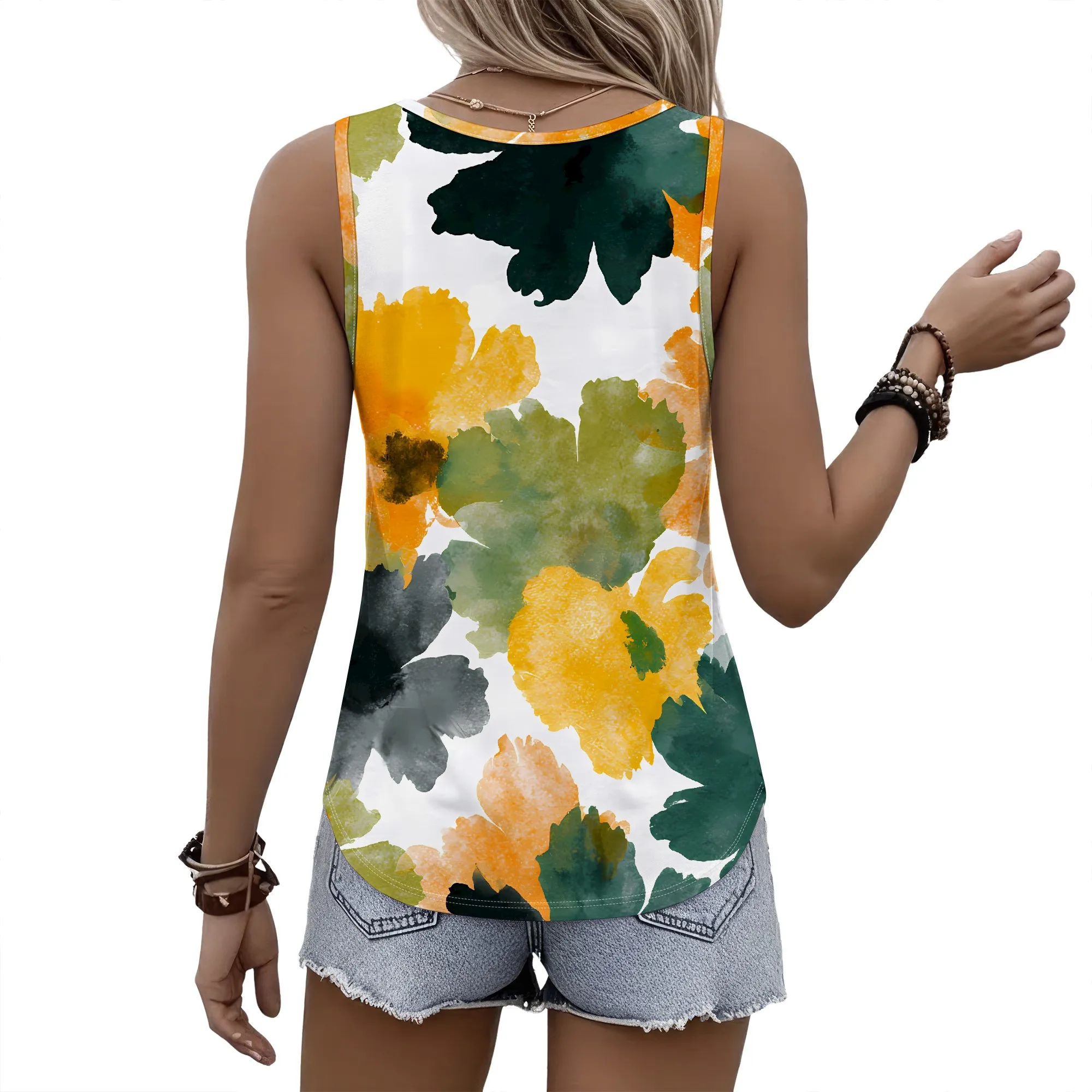 Floral Print Tank Top, Abstract Watercolor Design, Sleeveless Casual Shirt, Summer Beach Wear, Vacation Style, S-2XL