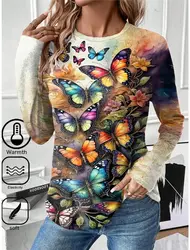 Women's T shirt 3D Print Cat Butterfly Colorful Design Long Sleeve Daily Weekend Fashion Round Neck Regular Fit Spring & Summer