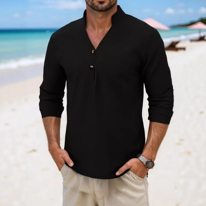 Men's Japanese Style Casual Linen Shirt Stand Collar Half Placket Long Sleeve Breathable Tops for Spring Autumn Daily Commute