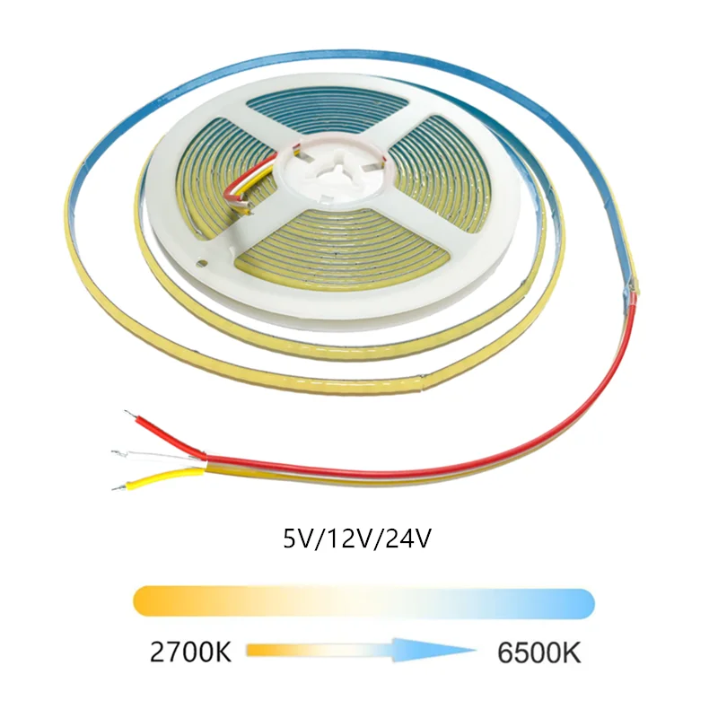 5V 12V 24V CCT COB Strip Light 2700K-6500K LED Tape Double colors 3 colors Changeable 5mm Width PCB Ultrathin Ultrafine Ribbon