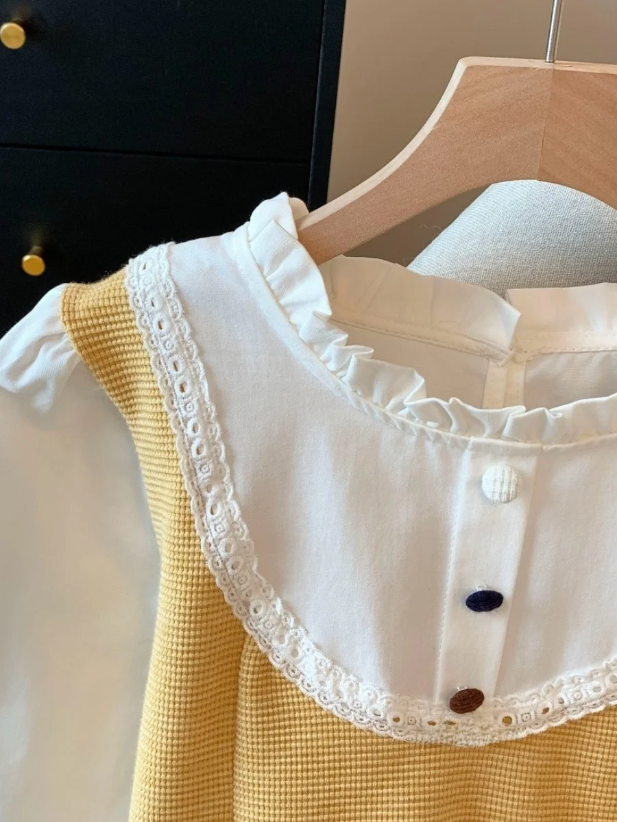 Long Sve irt ort Sle pour femmes, Design asymétrique, couleur, ourlet à volants, coupe coréenne, détail de boutons