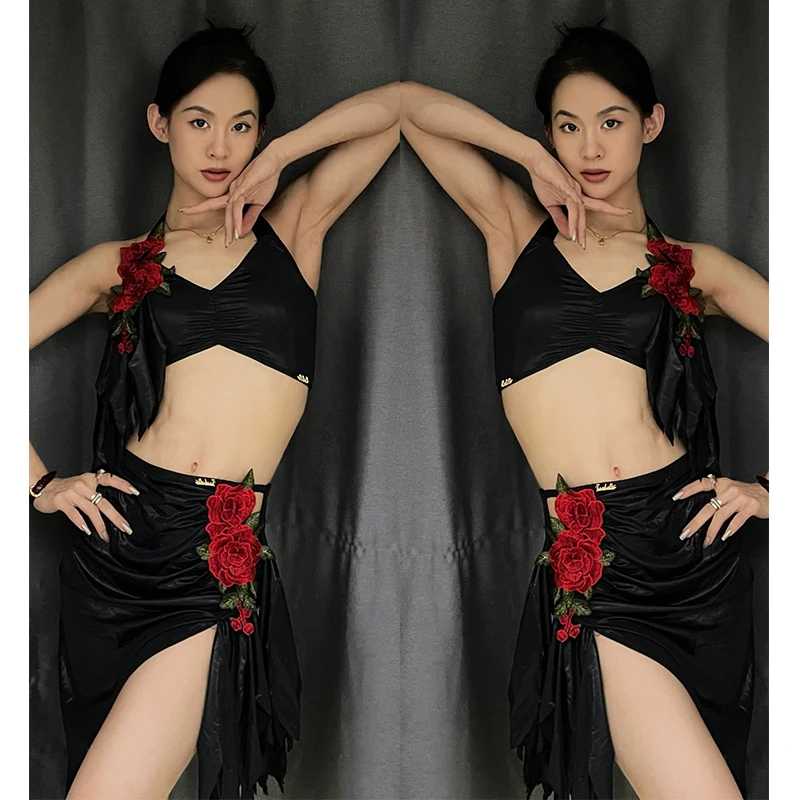 Nouveau Costume de danse latine femmes Rose hauts jupe fendue Rumba Cha Cha Tango danse Performance pratique vêtements pratique Costume BL16846