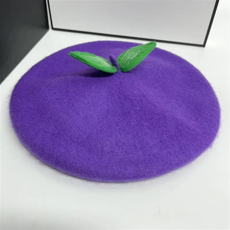 Women Cute Green Leaves Wool Berets Autumn Winter Cap Punk Handmade Fruit Kawaii Fresh Warm Beret Hat