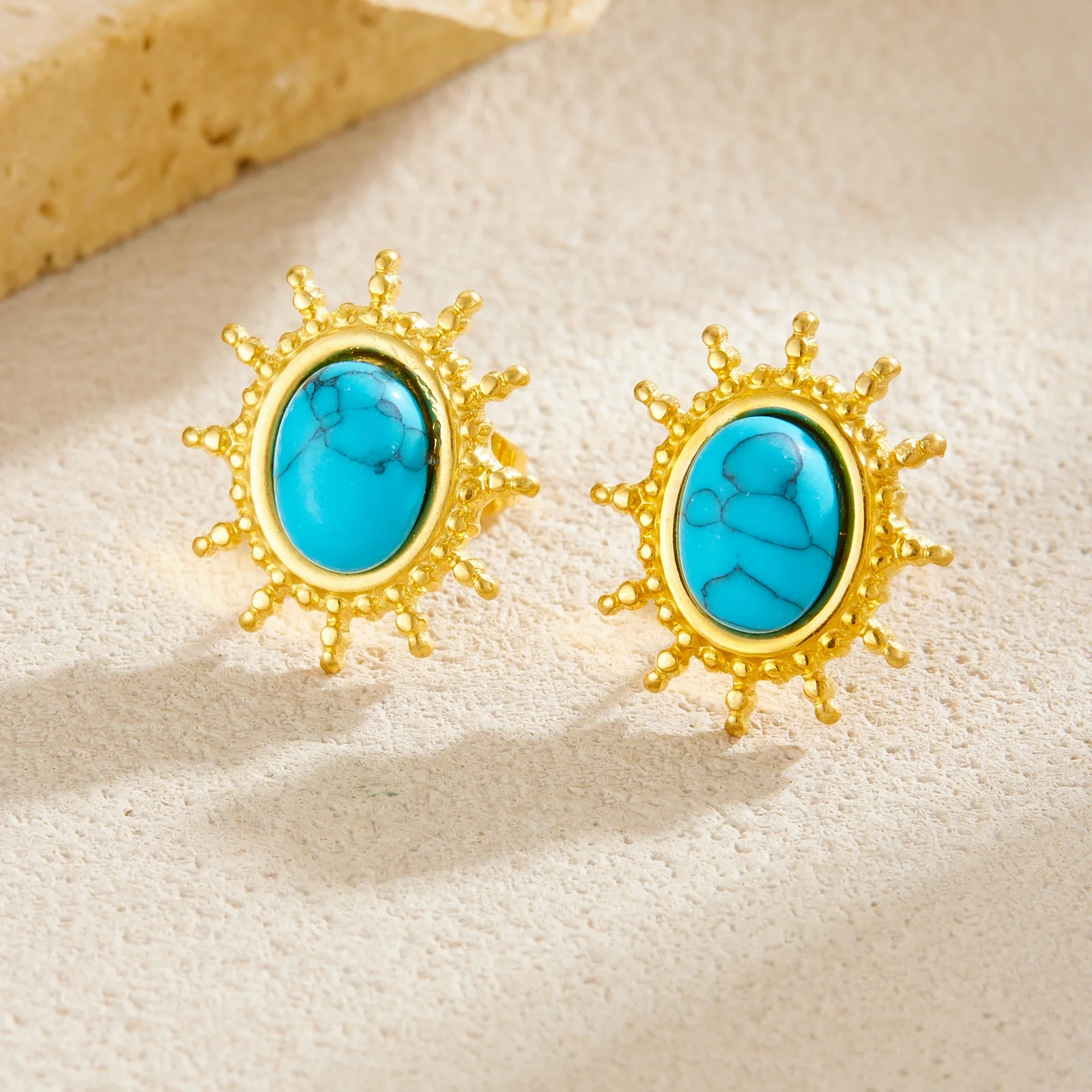 LAMENGLY 316L الفولاذ المقاوم للصدأ الأزرق الفيروز البطانة البيضاوي خمر نمط أقراط النساء العرقية نمط الأذن ترصيع مجوهرات مقاومة للماء #4