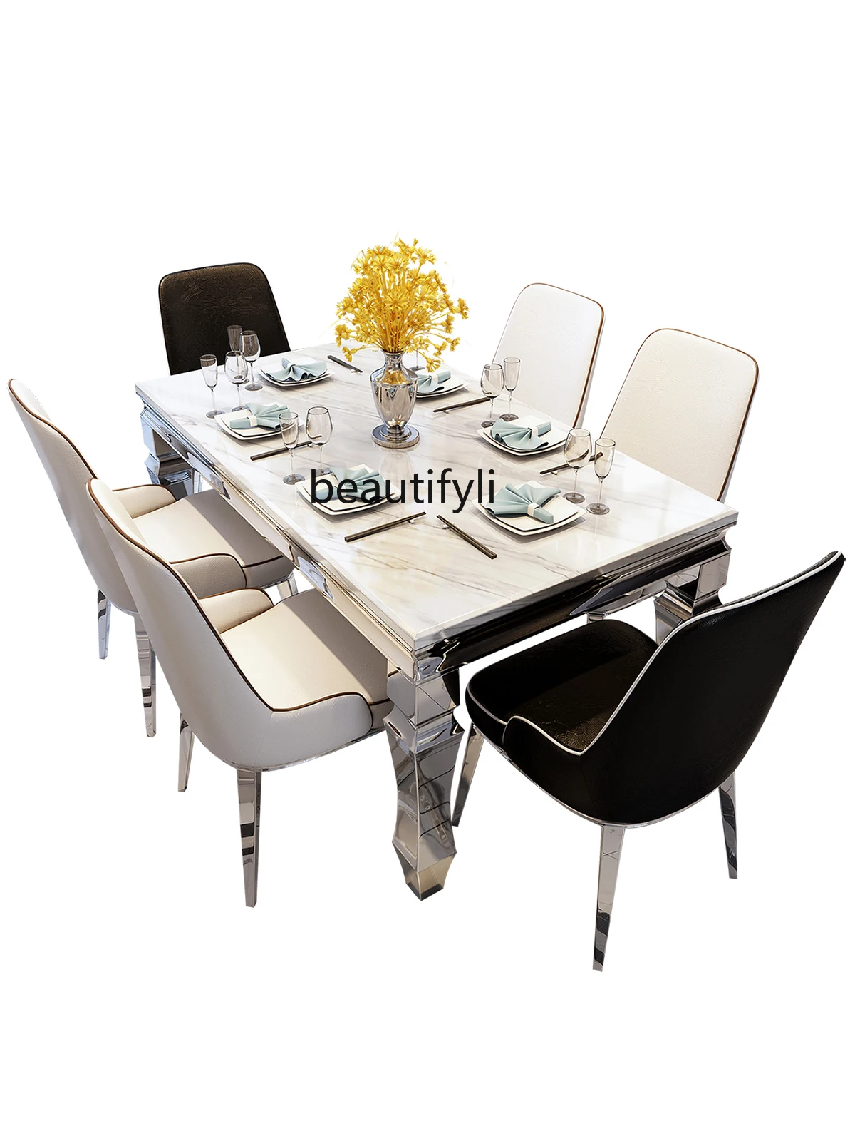 

Marble Dining Tables and Chairs Set Modern Minimalist Rectangular Stainless Steel Dining Bench Stone Plate Dining Table