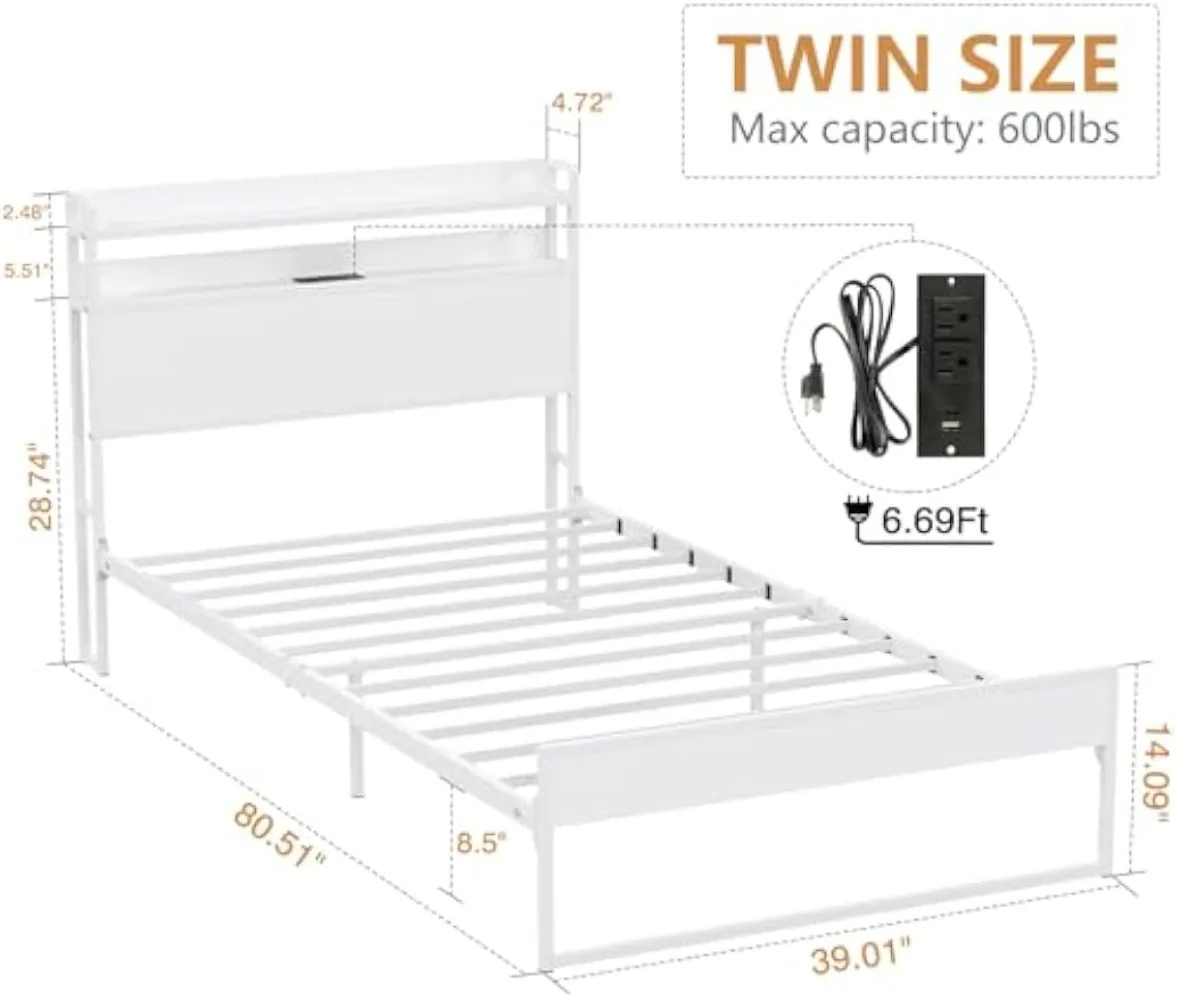 Elephance Twin Bed Frames with Charging Station and Storage Headboard, No Box Spring Needed, Noise Free, Easy Assembly, White